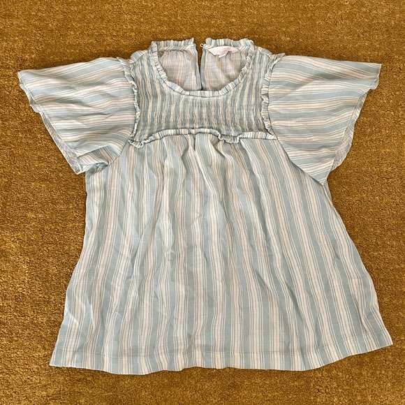 LC Lauren Conrad Tops - LC Lauren Conrad woman’s pastel ruffle sleeve crew neck top, blue and white (S)